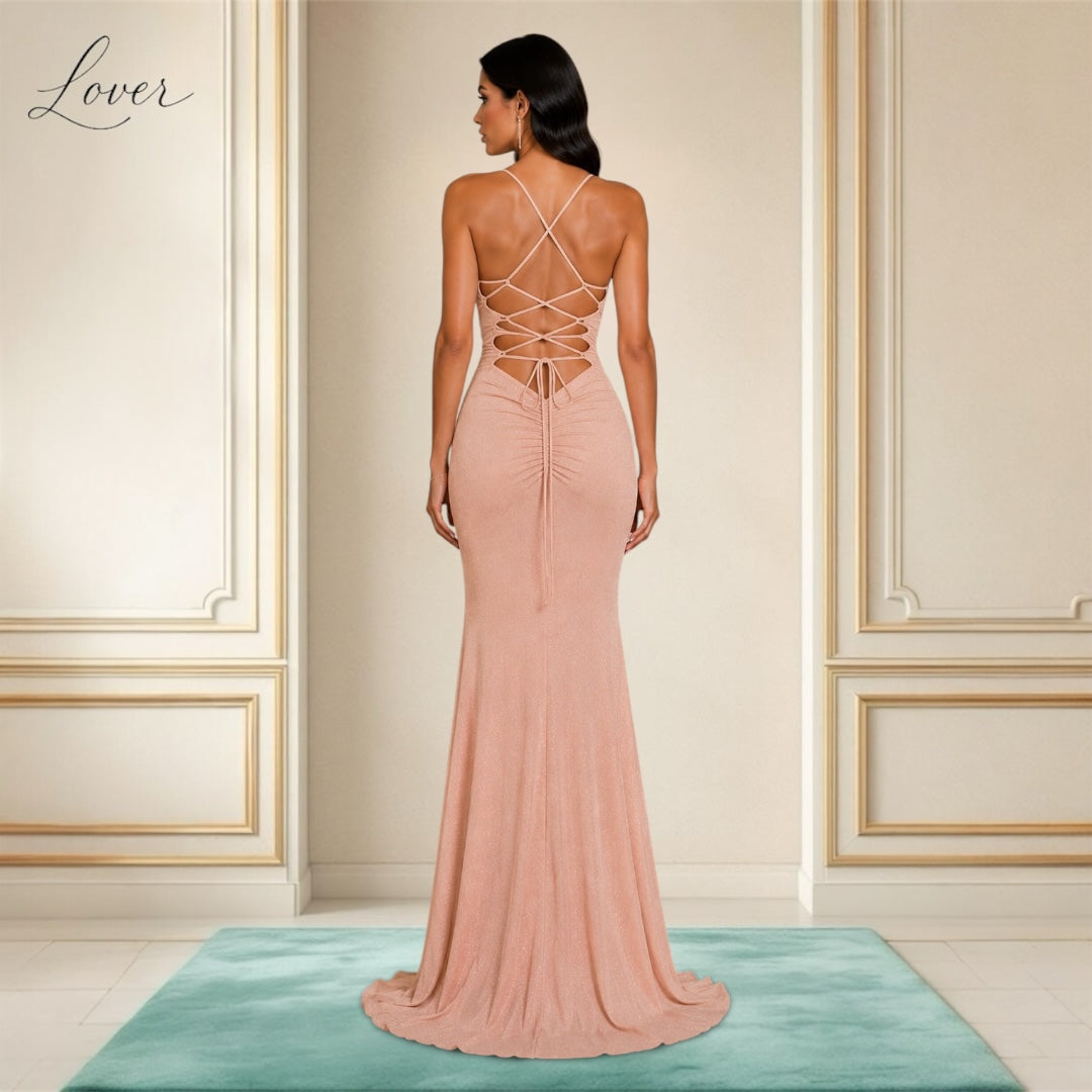Vestido peach al cuerpo de brillos