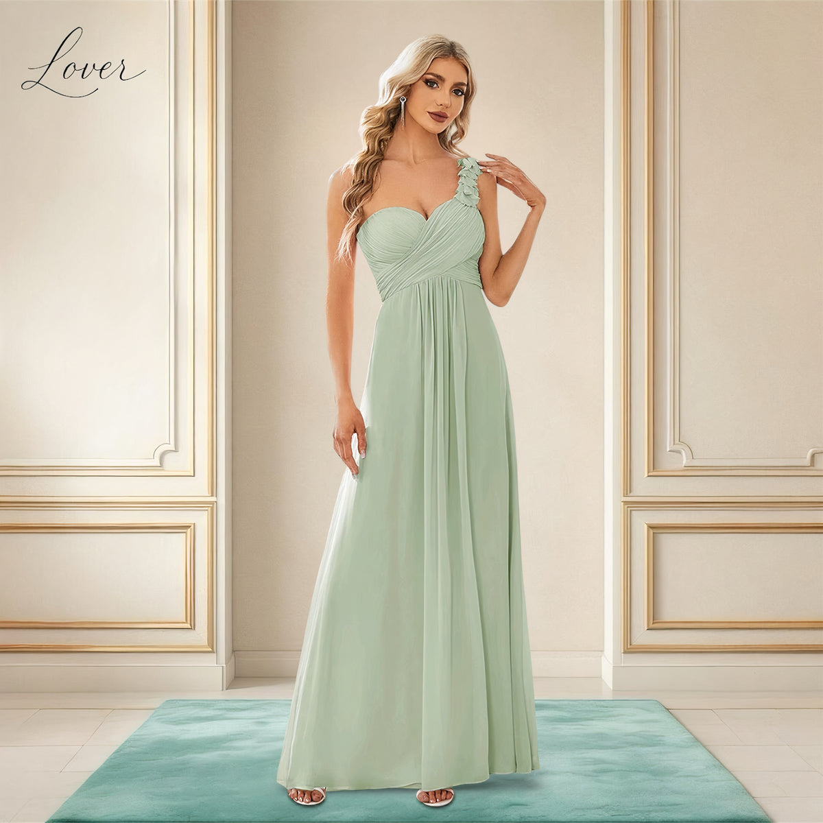Vestido verde menta con tirante de flores