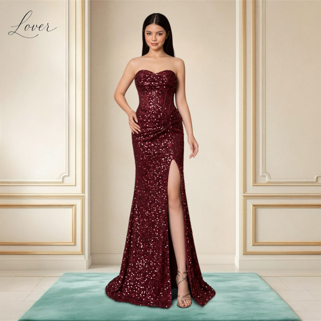 Vestido vino strapless de lentejuelas