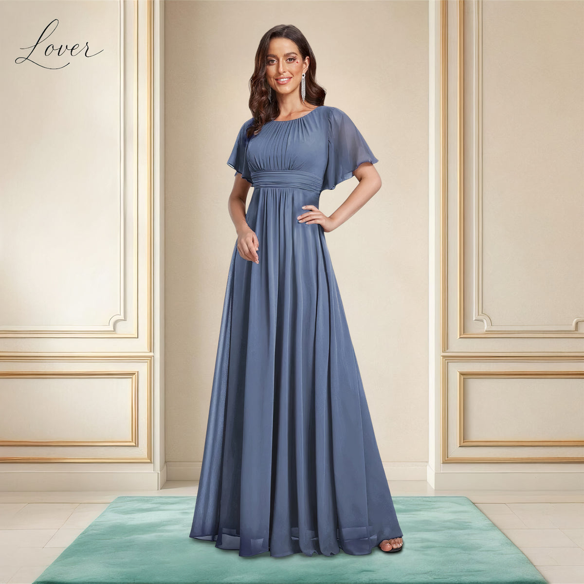 Vestido dusty blue de manga corta sencillo
