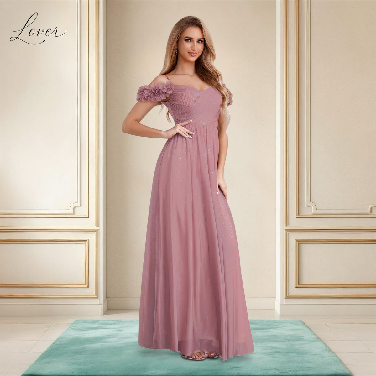 Vestido mauve de brillos con manga de flores