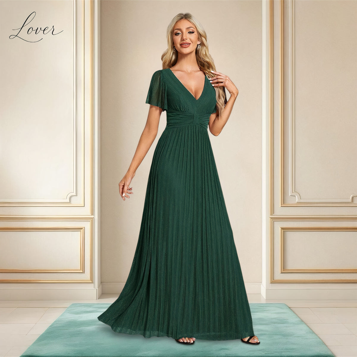 Vestido verde esmerlada de brillos con manga corta