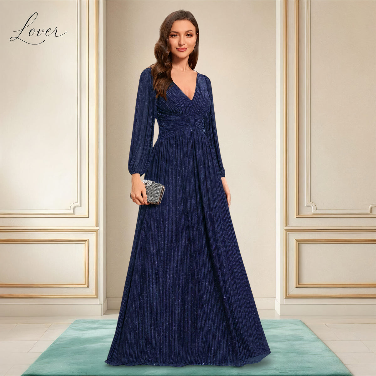 Vestido azul navy de manga larga con brillos