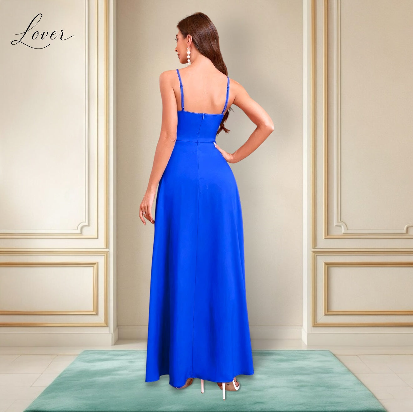 Vestido azul rey de satin con abertura en la pierna