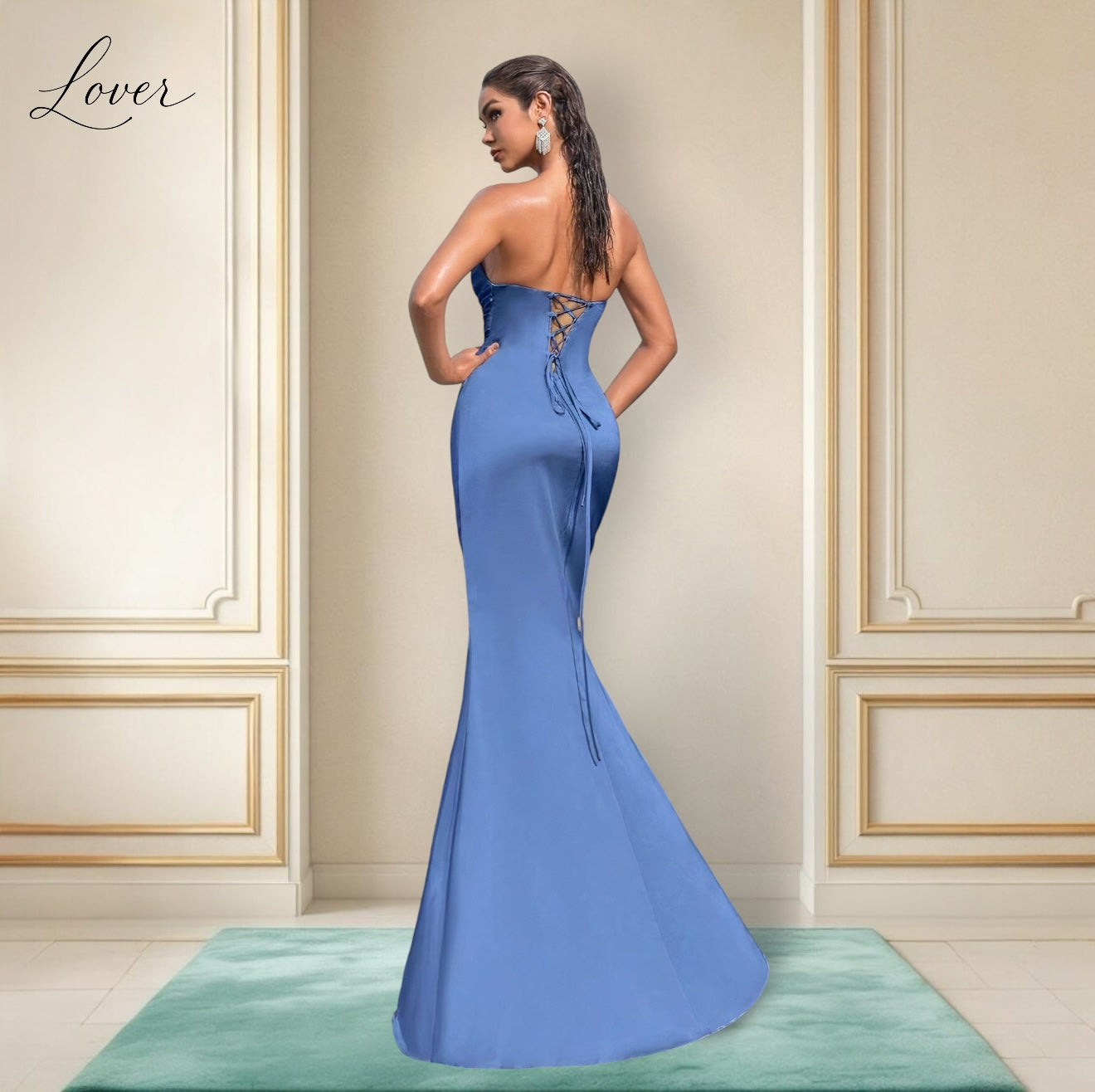 Vestido dusty blue strapless con detalles en top