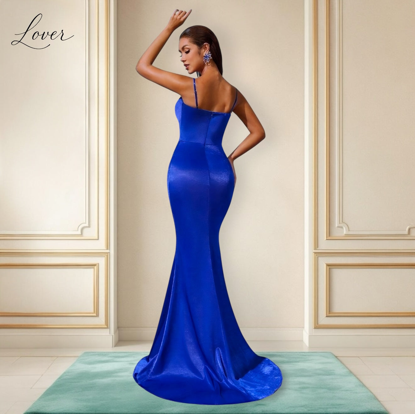 Vestido azul navy de satin con detalles de piedras en top