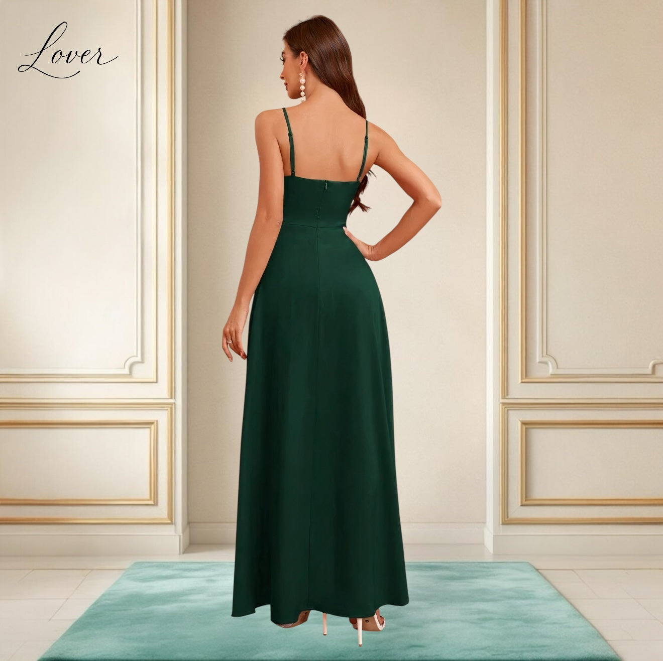 Vestido verde esmeralda de satin con abertura en la pierna