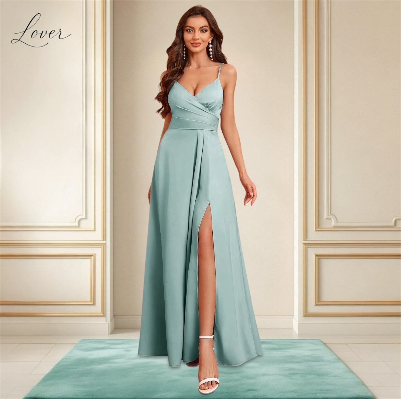 Vestido menta con abertura en pierna