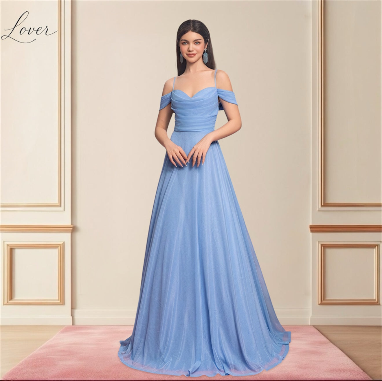 Vestido celeste de escote bardot con tirantes