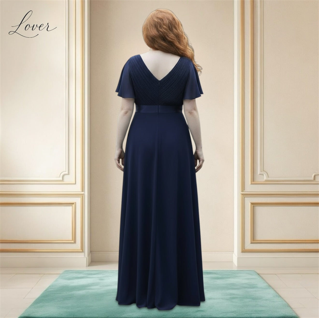 Vestido azul con escote en V y mangas