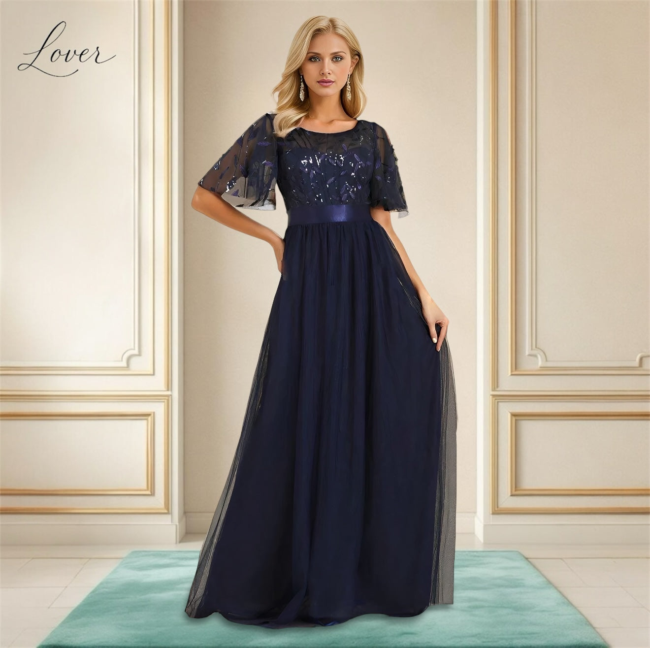 Vestido azul con lentejuelas y mangas de tul