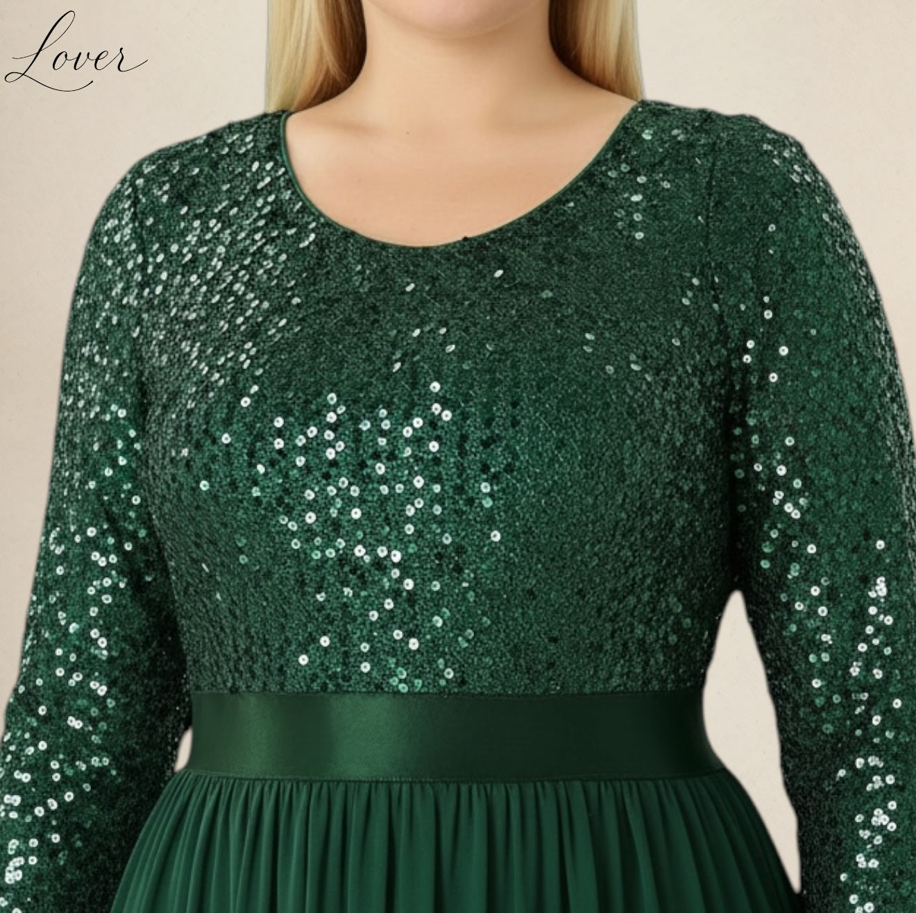 Vestido verde de manga larga con lentejuelas en top