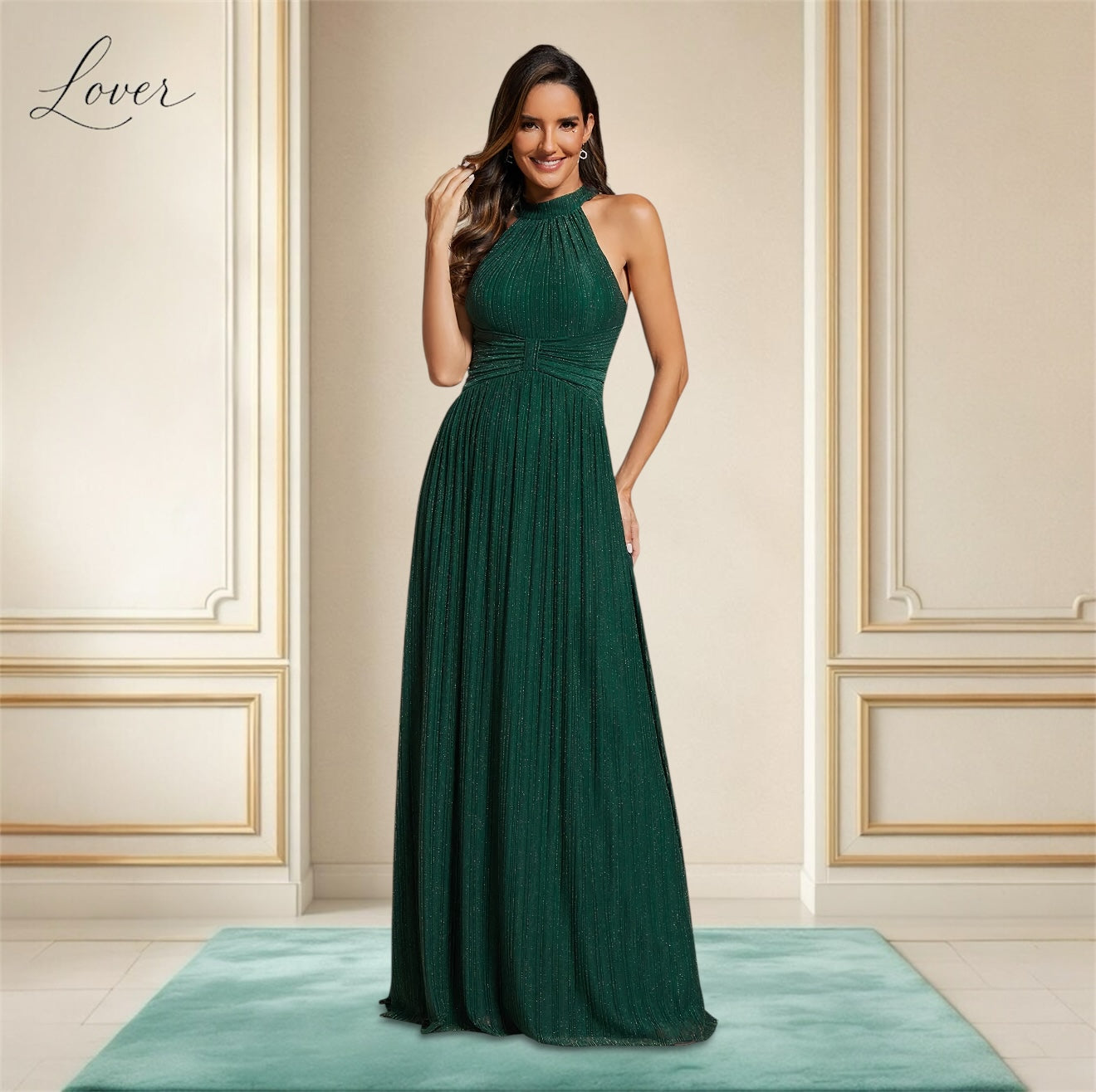 Vestido verde esmeralda halter con brillos