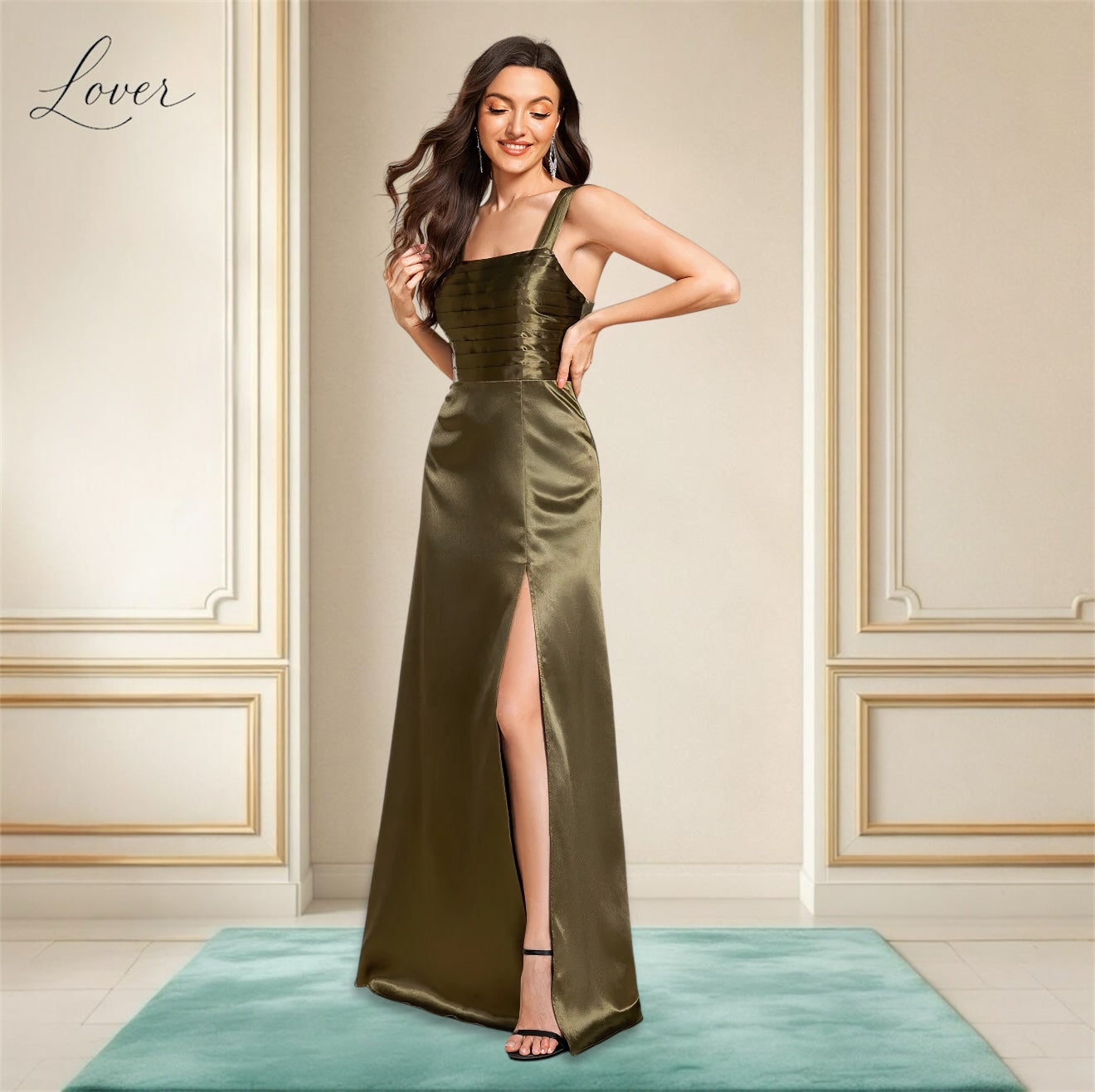 Vestido verde oliva de satin