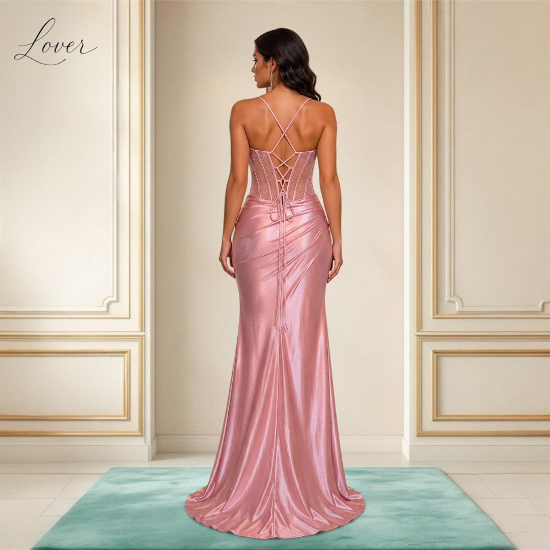 Vestido rose gold de corset con brillos en top