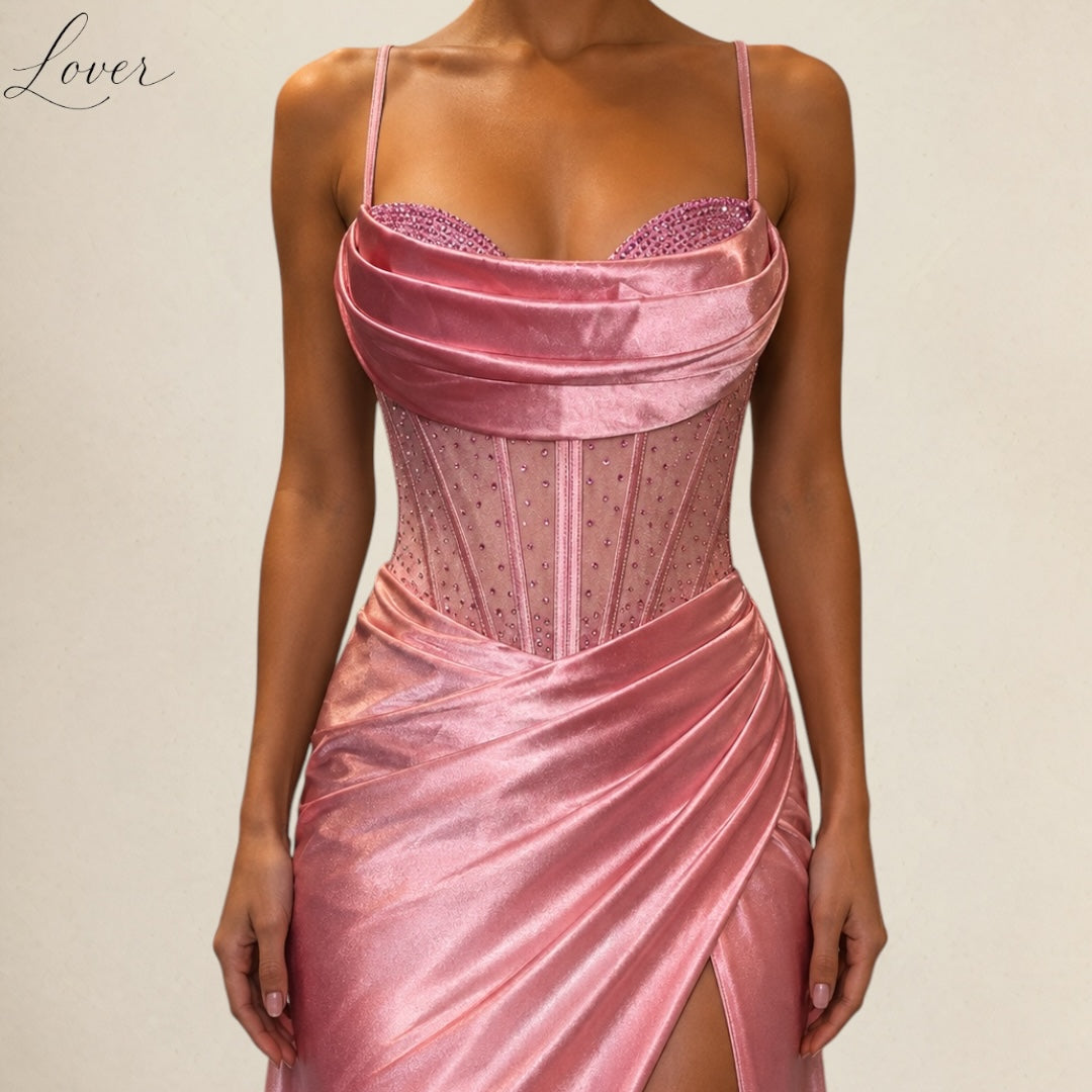Vestido rose gold de corset con brillos en top