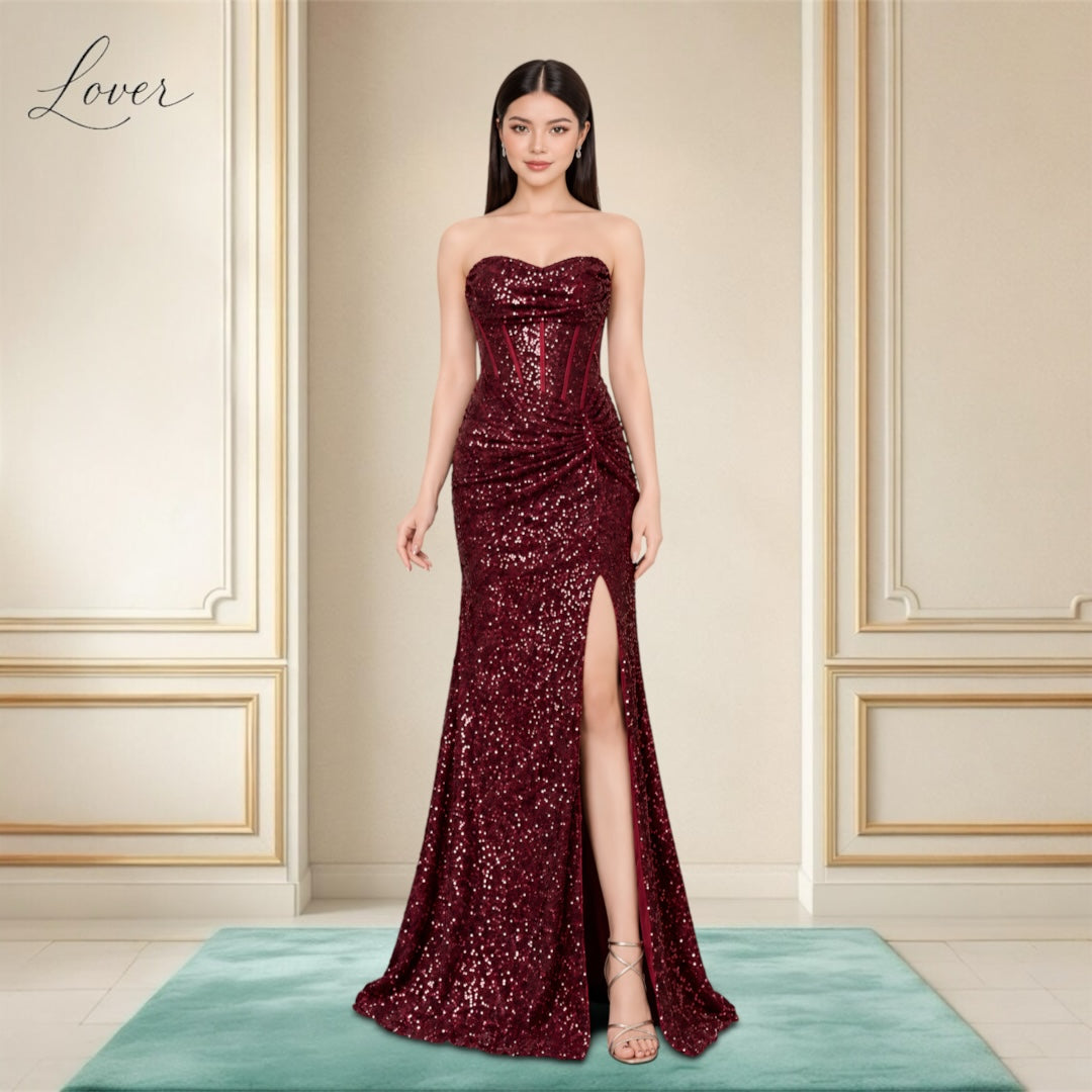 Vestido vino strapless de lentejuelas
