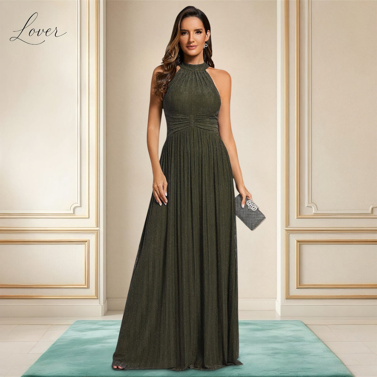 Vestido verde oliva halter con brillos