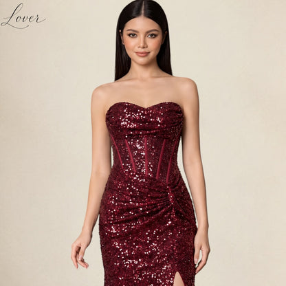 Vestido vino strapless de lentejuelas