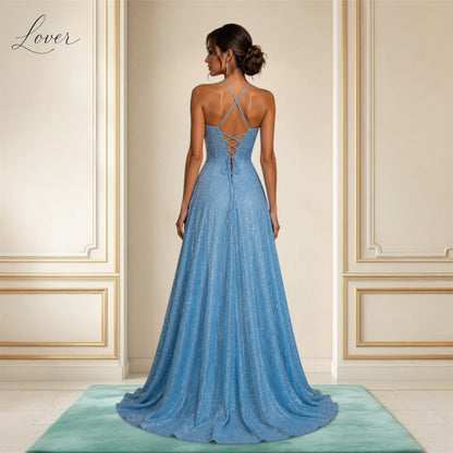 Vestido celeste corset con brillos