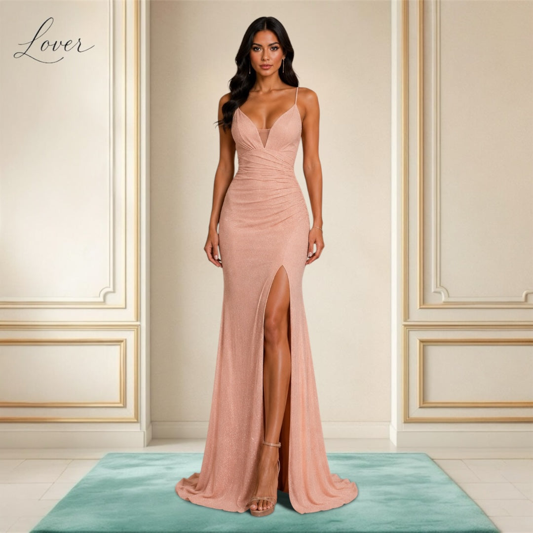 Vestido peach al cuerpo de brillos