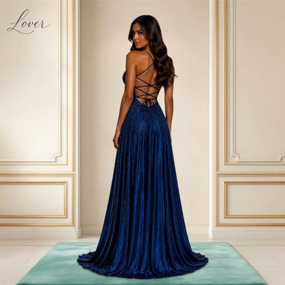 Vestido azul navy de brillos con drapeado cruzado