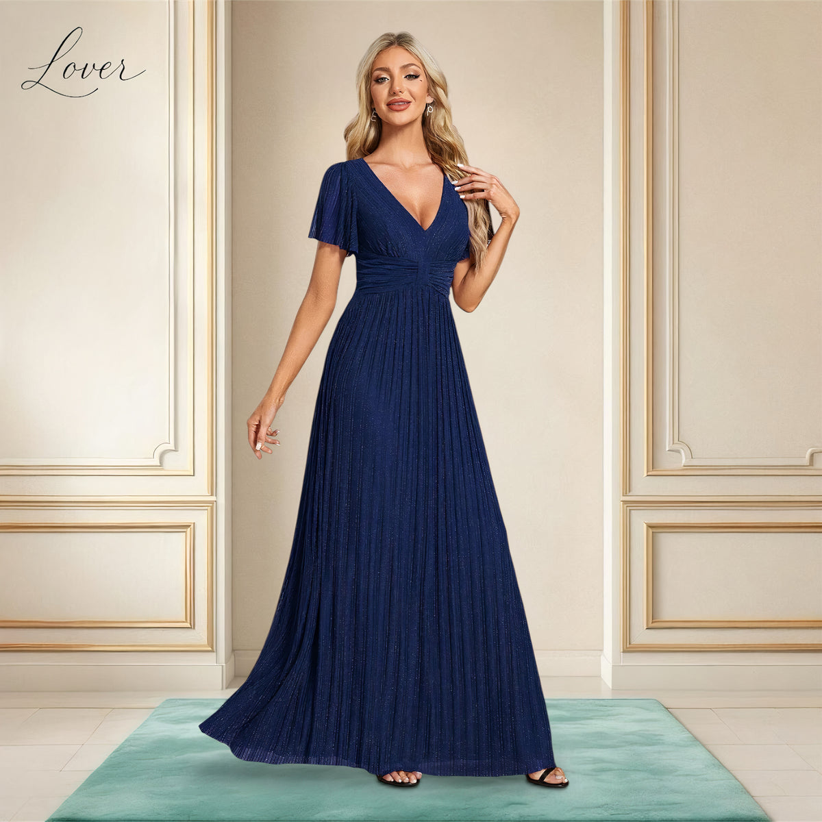 Vestido azul navy de brillos con manga corta