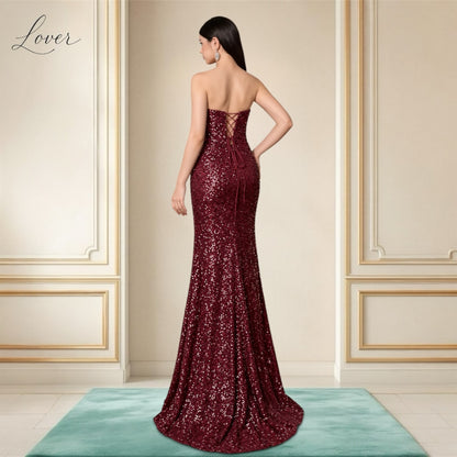 Vestido vino strapless de lentejuelas