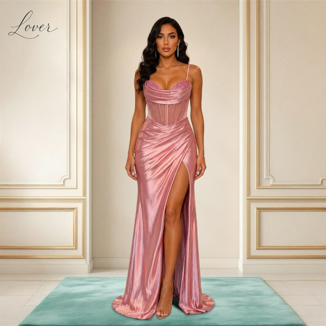 Vestido rose gold de corset con brillos en top