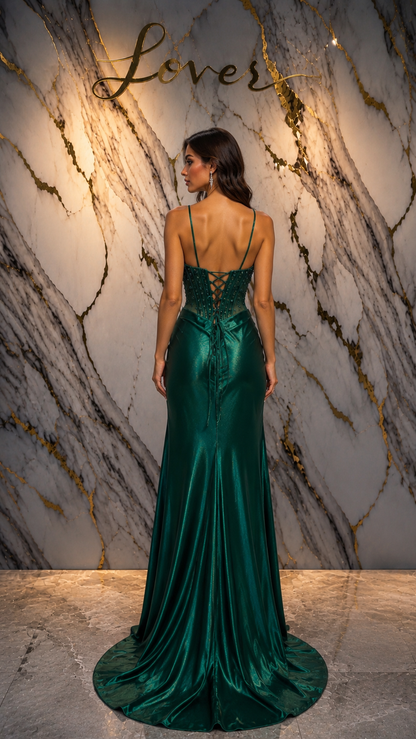 Vestido verde esmeralda con flores en top