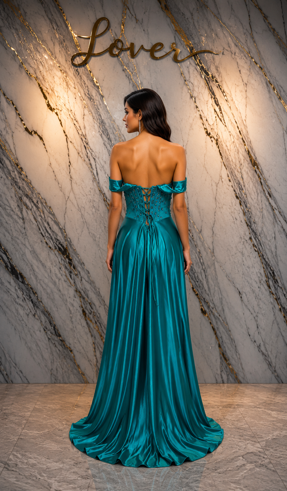 Vestido verde teal flores en top bardot
