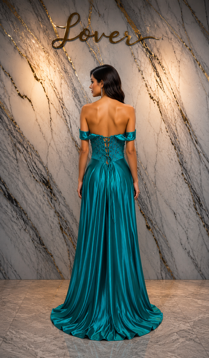 Vestido verde teal flores en top bardot