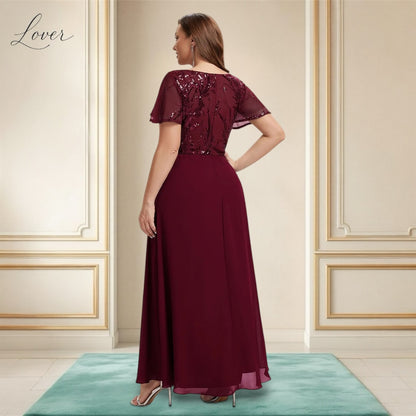 Vestido vino de encaje y lentejuelas con manga