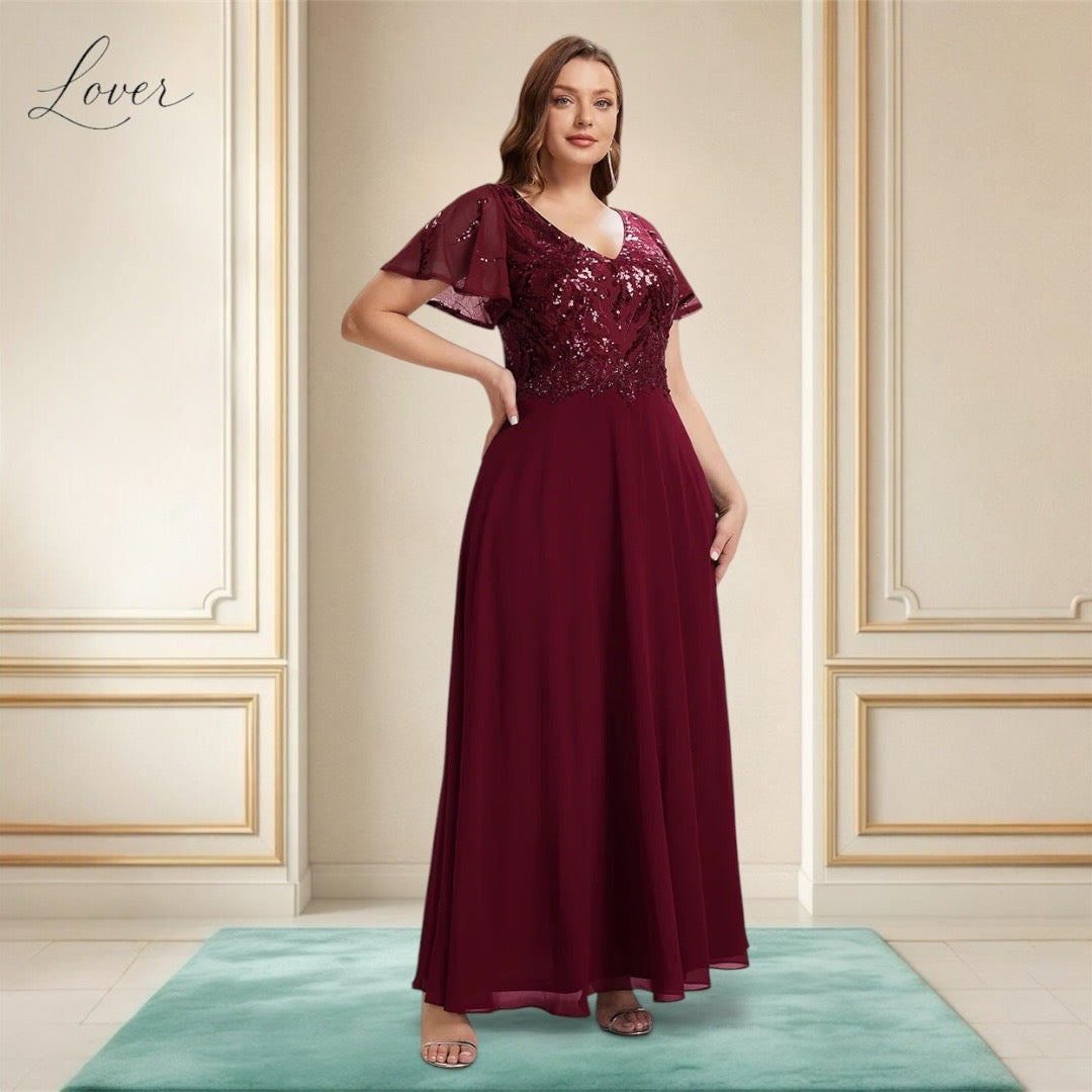 Vestido vino de encaje y lentejuelas con manga
