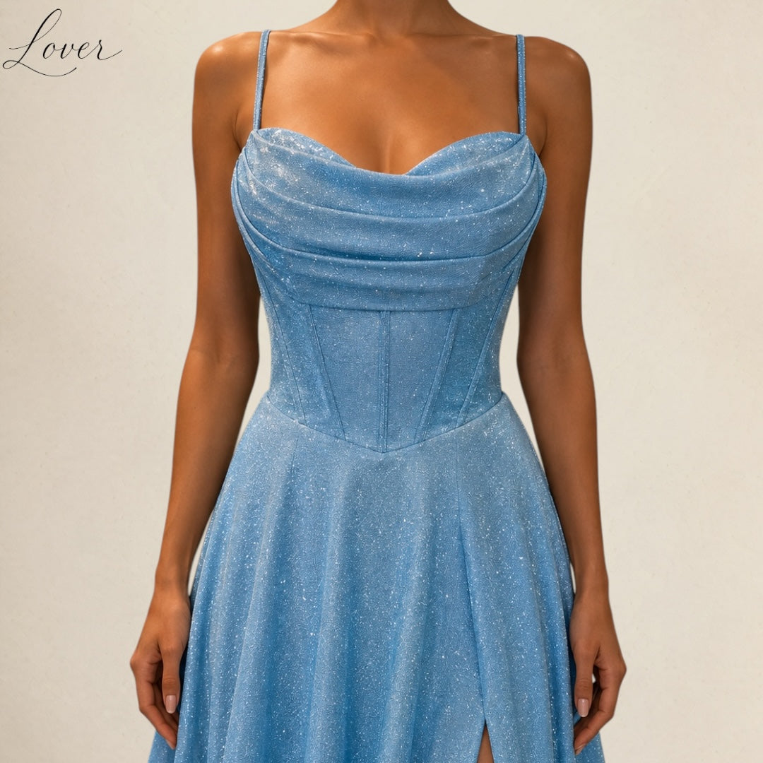Vestido celeste corset con brillos
