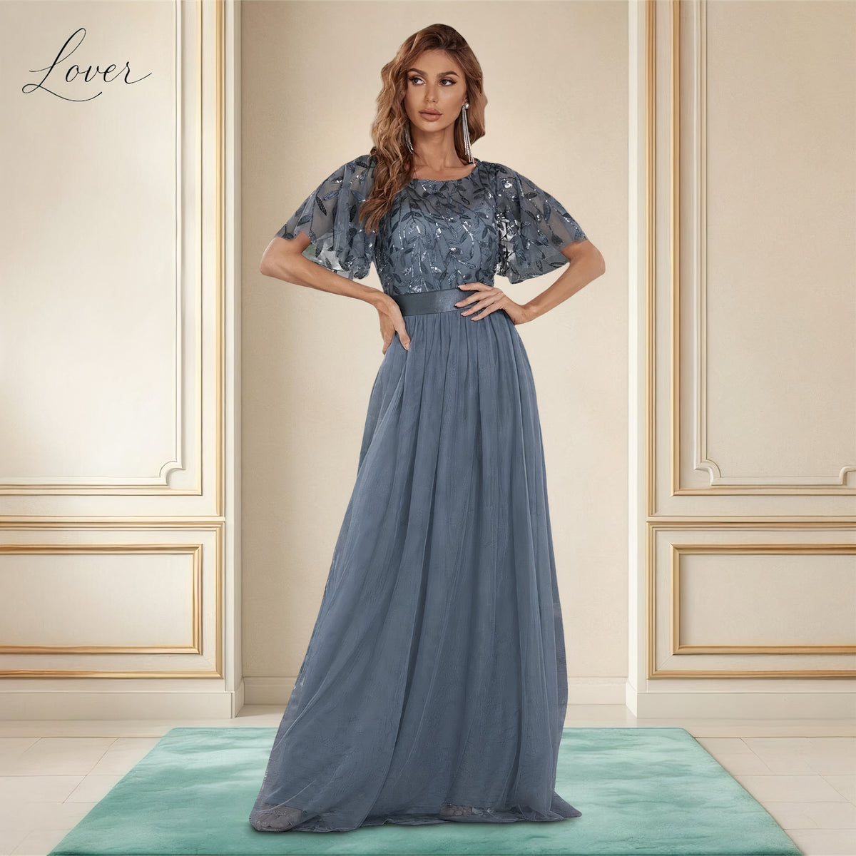 Vestido dusty blue con lentejuelas y mangas de tul