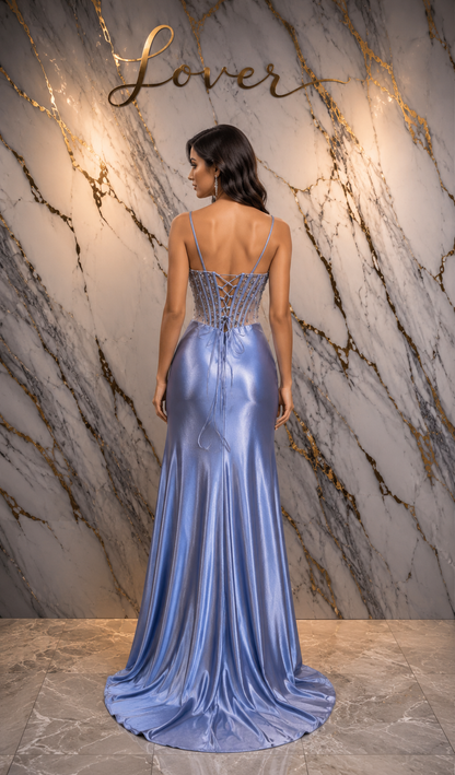 Vestido dusty blue con flores en top