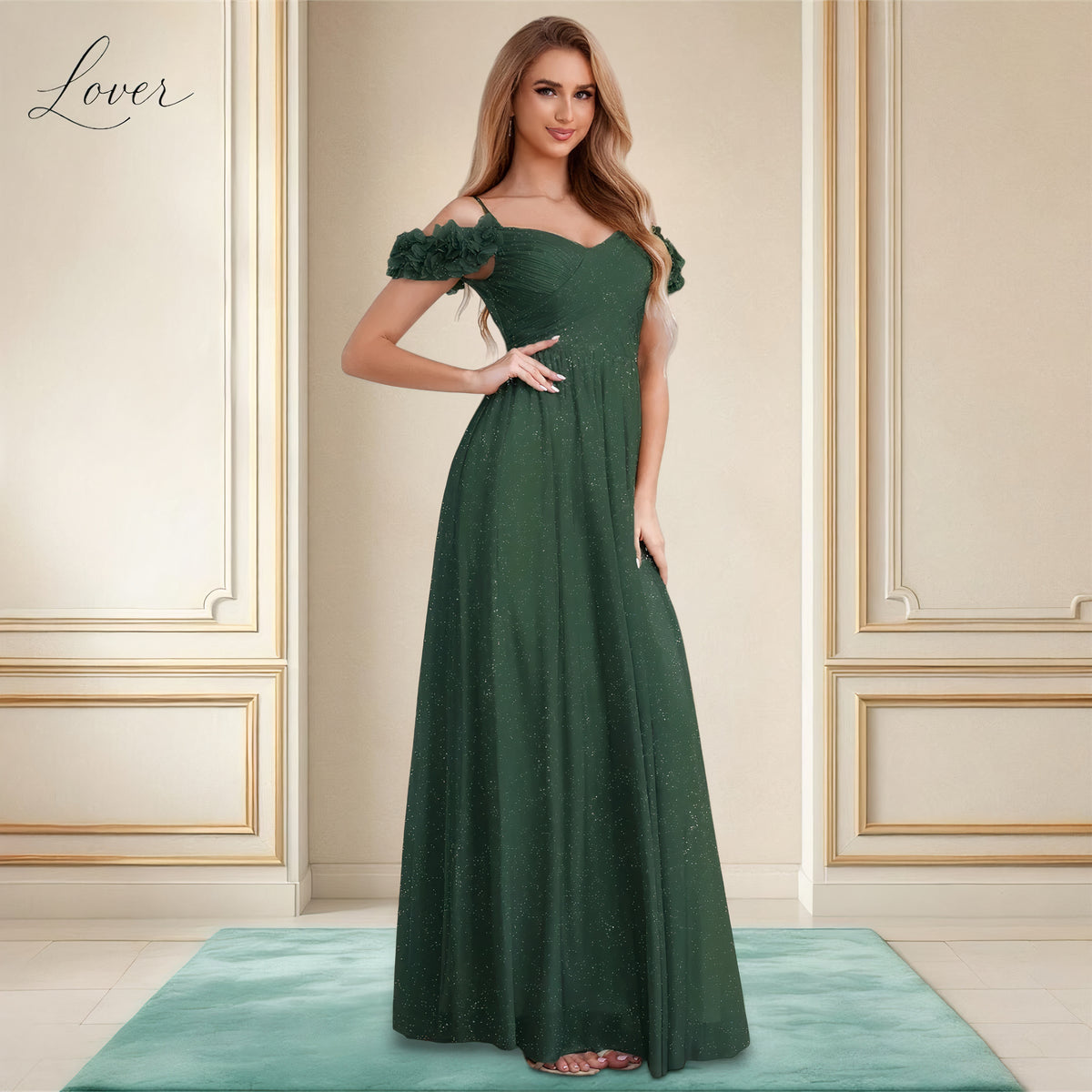 Vestido verde esmeralda de brillos con manga de flores