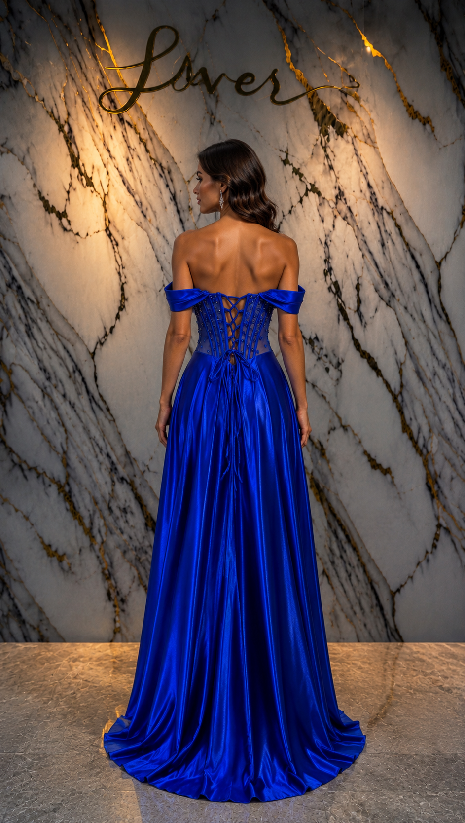 Vestido azul con flores en top bardot