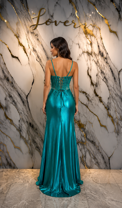 Vestido verde teal con flores en top