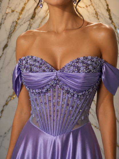 Vestido lila flores en top bardot