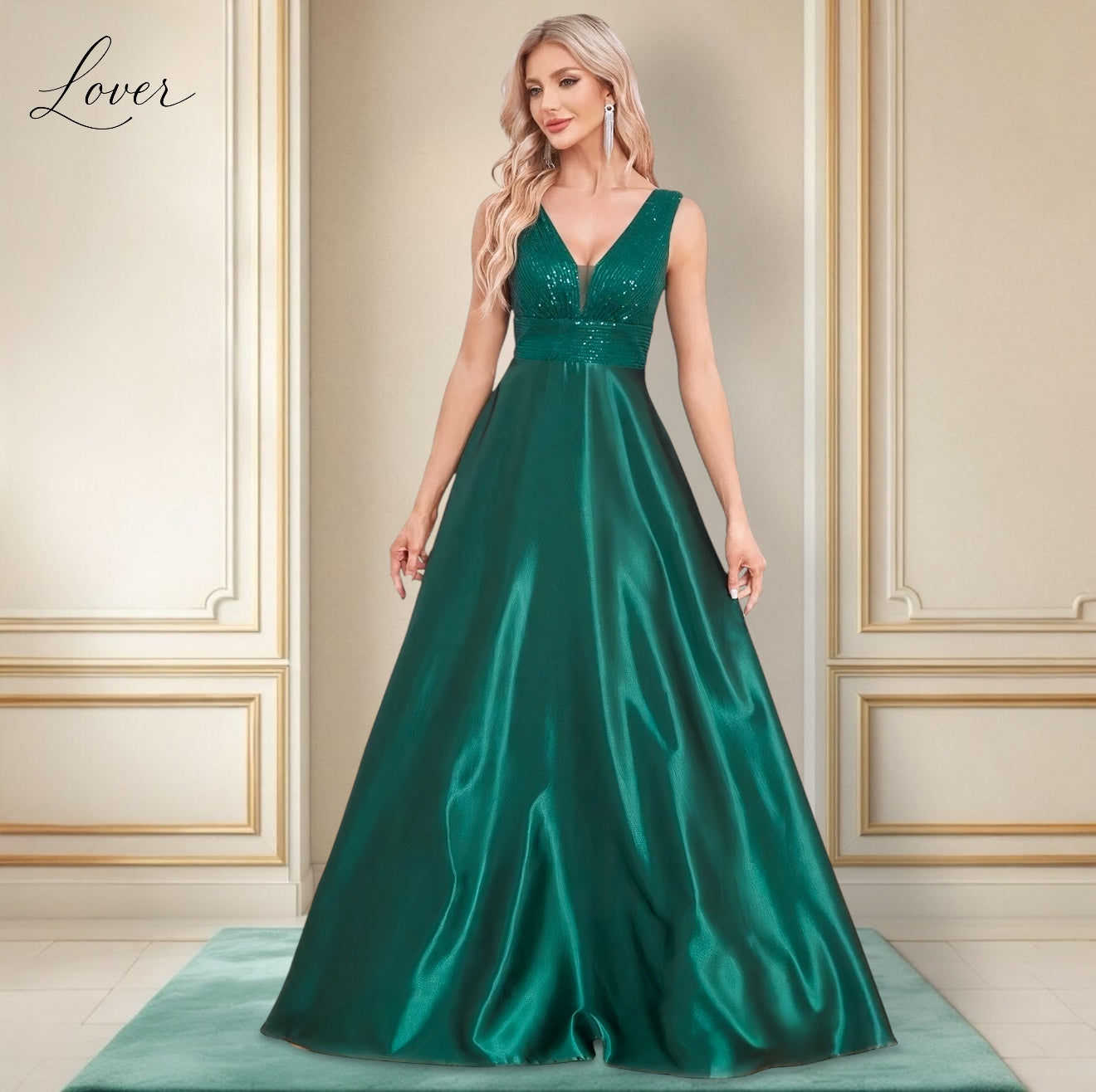 Vestido verde esmeralda con lentejuelas en top