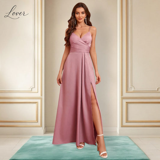 Vestido mauve de satin con abertura en la pierna
