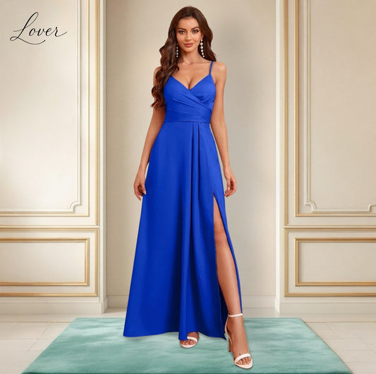 Vestido azul rey de satin con abertura en la pierna