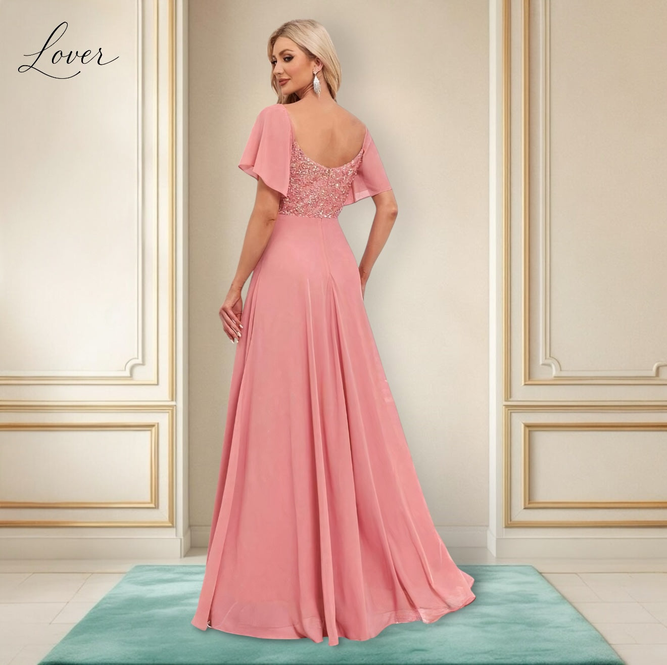 Vestido coral con detalles en top y manga