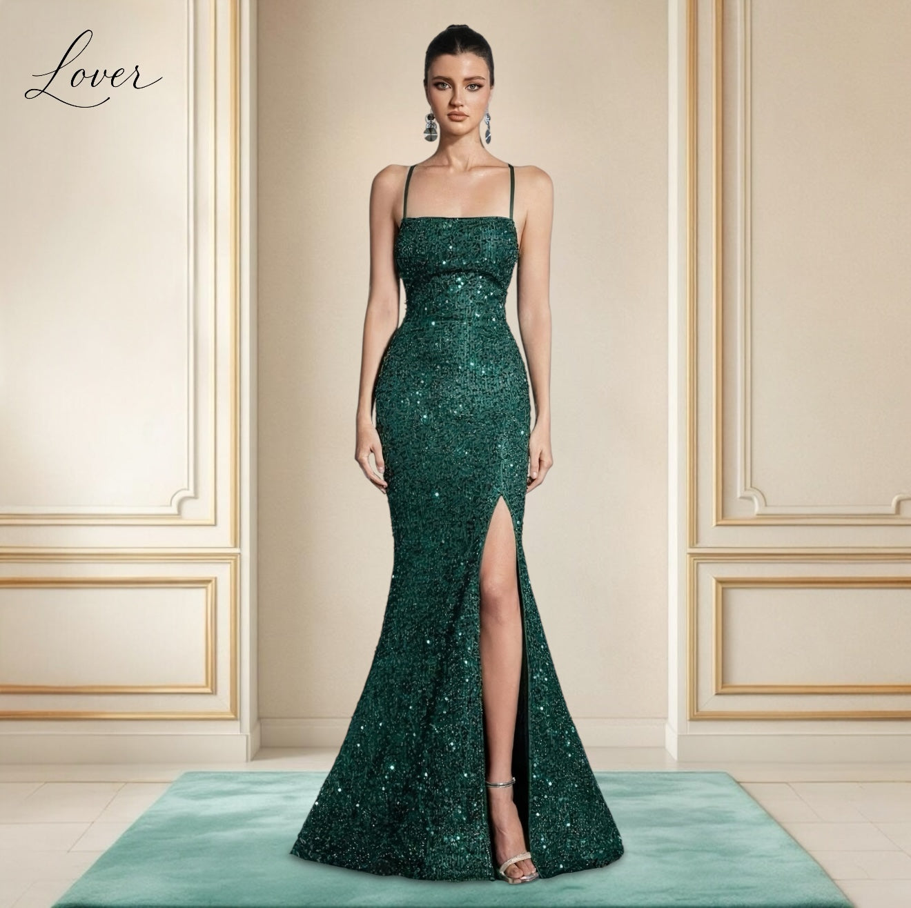 vestido verde esmeralda de lentejuelas con abertura en pierna