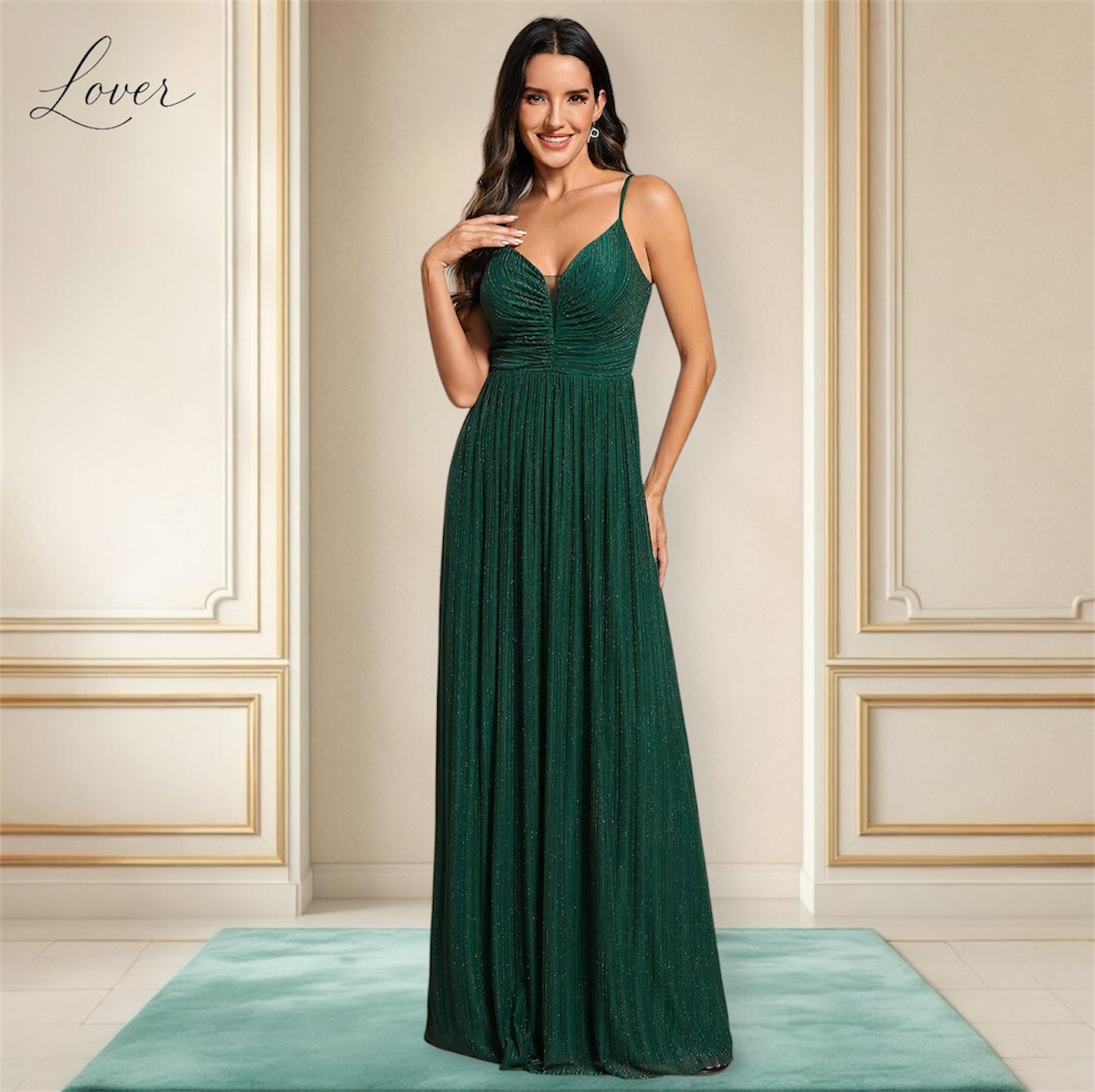 Vestido verde esmeralda plisado de brillos