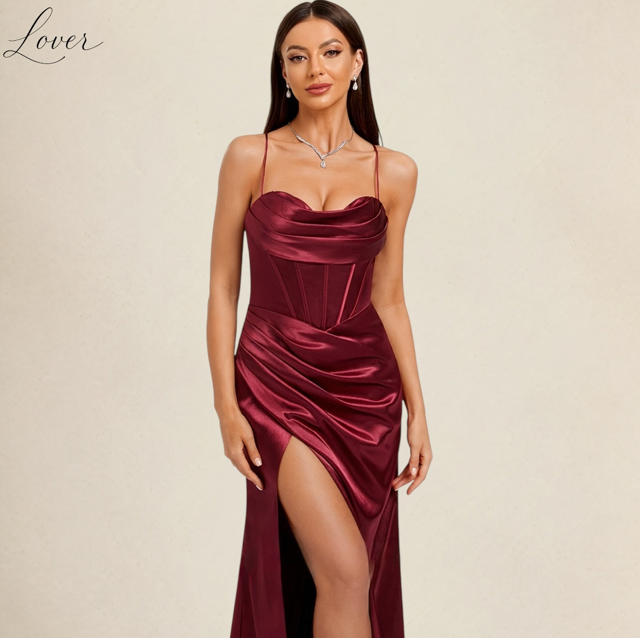 Vestido vino de satin con corset