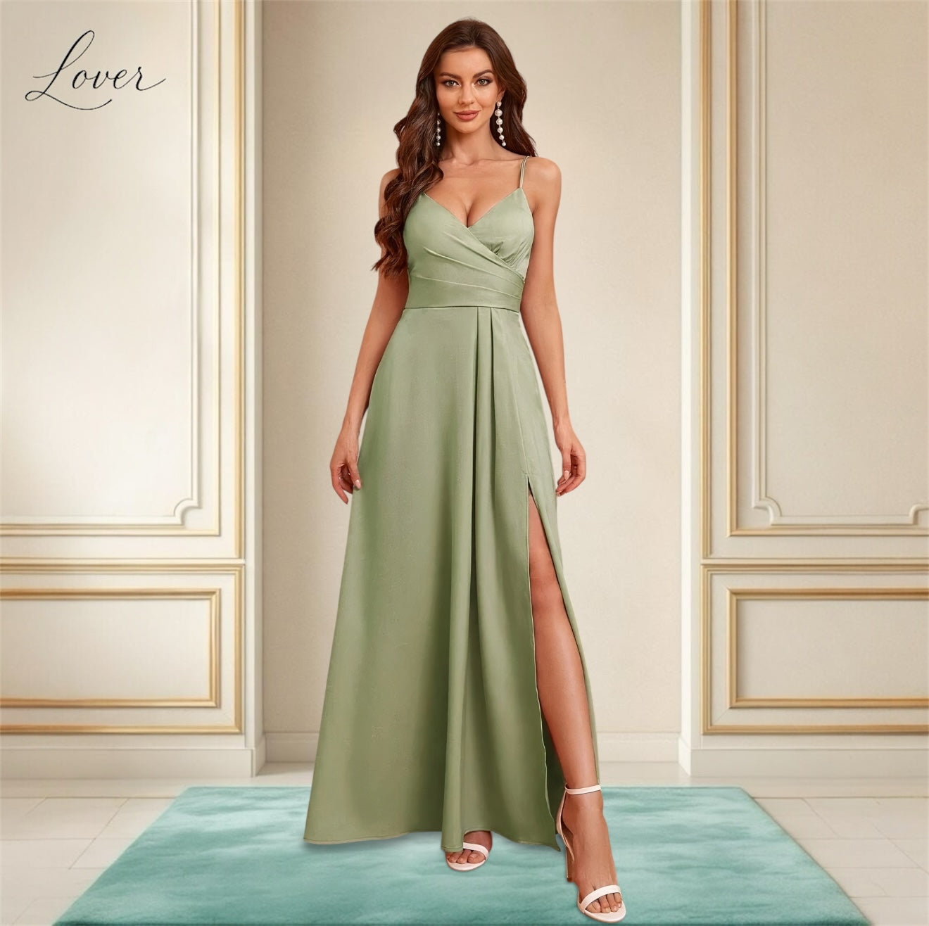 Vestido verde oliva con abertura en pierna