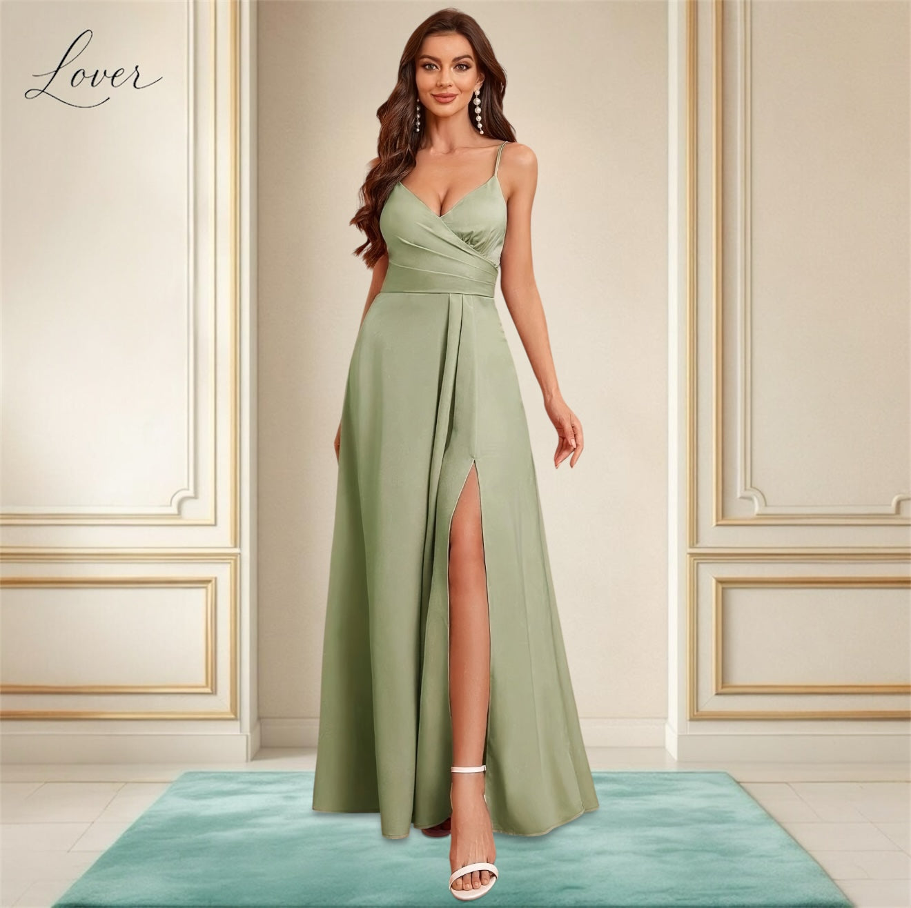 Vestido verde oliva con abertura en pierna